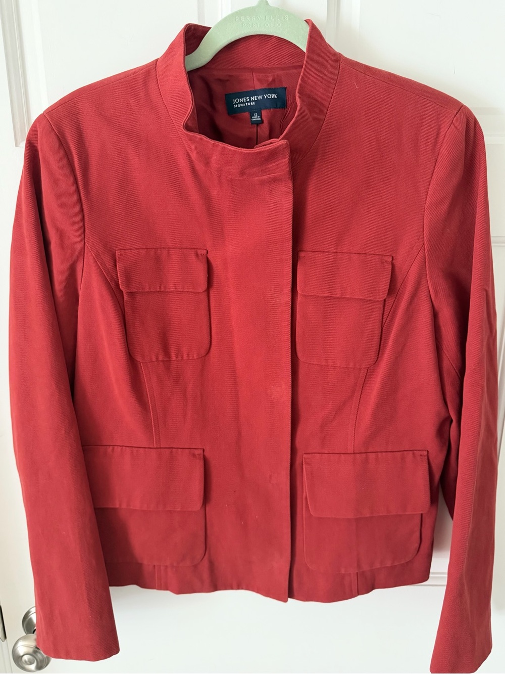Jones New York Military Style Utility Jacket Stand Collar Four Pocket Blazer 12